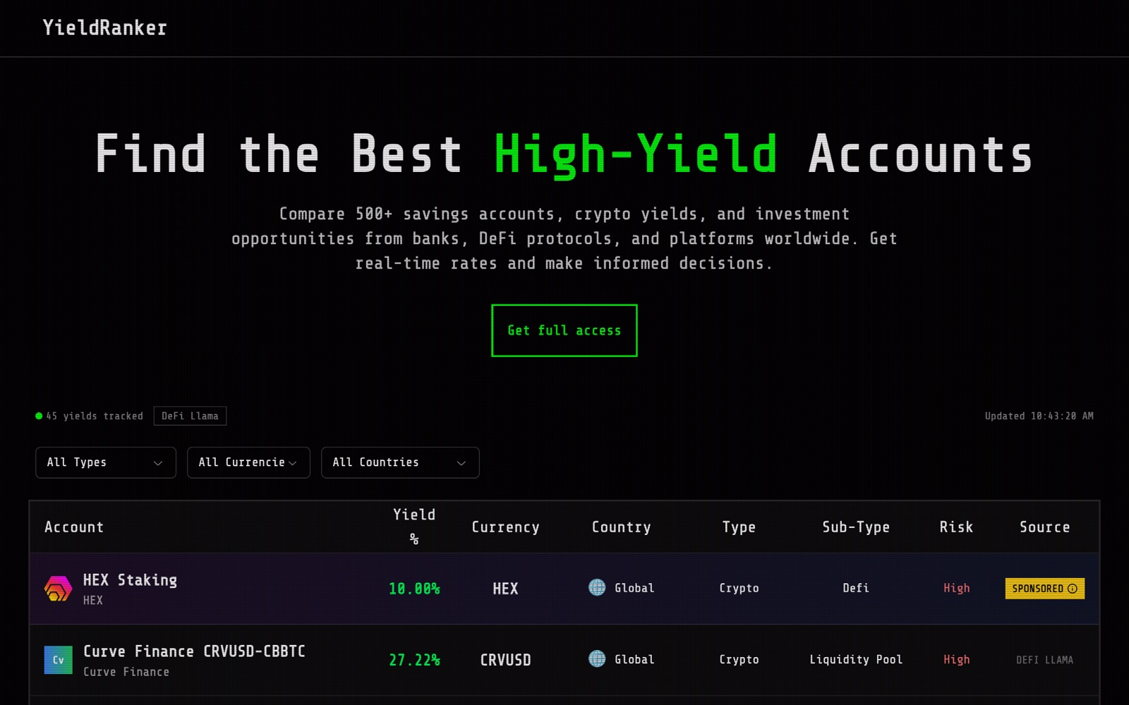 YieldRanker — screenshot